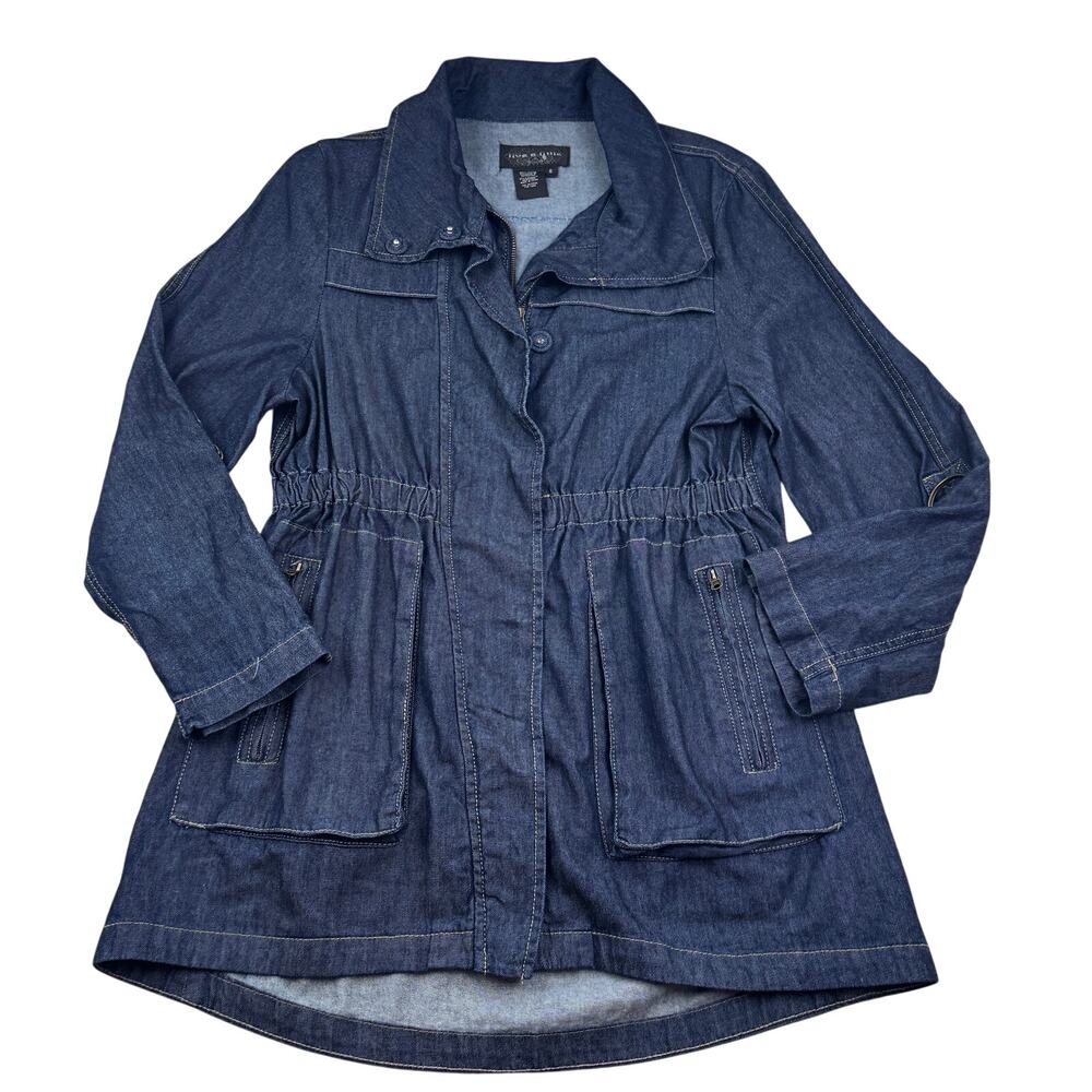 Live A Little Dark Wash Denim Cargo Chic Long Line Jacket Women's Size Small
